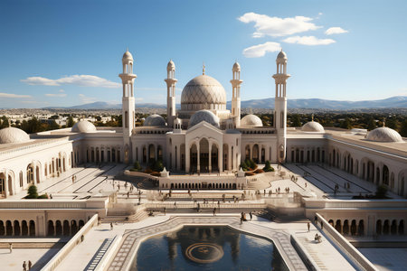 Magnificent modern mosque design. Stunning white architecture, serene atmosphereの写真素材