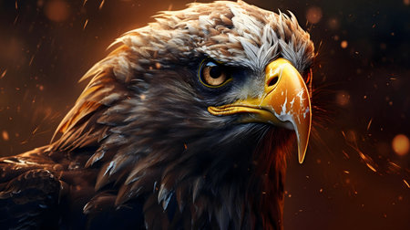Close-up of an eagle's head, showing its intense gaze and intricate feathers against a fiery background.の写真素材