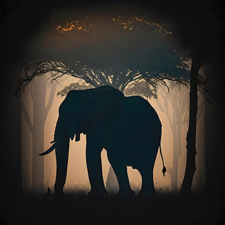 Silhouette of an elephant in African savanna at sunrise.