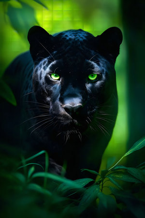 A striking close-up of a black panther with piercing green eyes, hidden amidst vibrant green foliage.の写真素材
