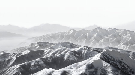 Breathtaking panoramic view of snow covered mountains, monochrome photography.