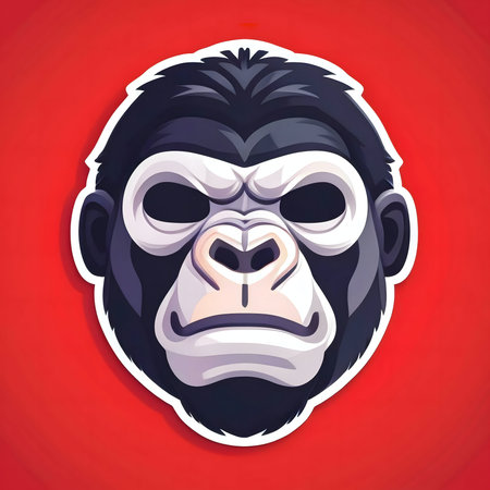 A striking illustration of a gorilla's face against a red backgroundの写真素材