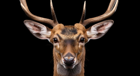 Close-up portrait of a Sika deer against a black background, showing its majestic antlers and...