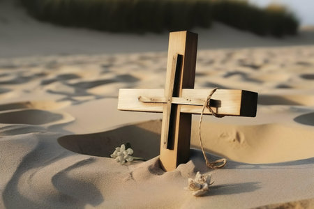 A simple wooden cross rests on a sandy beach at sunset, evoking feelings of peace and reflection.の写真素材