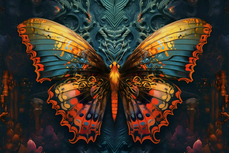 A stunning digital artwork showcasing a vibrantly colored butterfly with intricate details.の写真素材