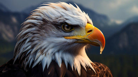 Close-up of a bald eagle against a mountain backdrop. Majestic and intense.の写真素材