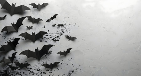 A Halloween themed image of black bats on a white textured backgroundの写真素材