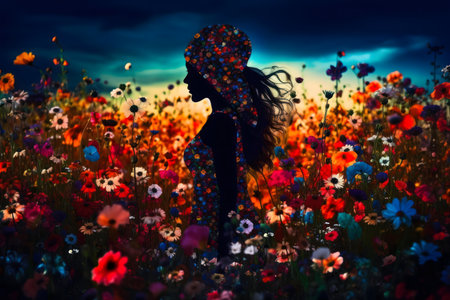 A captivating silhouette of a woman stands amidst a field of vibrant wildflowers, bathed in the warm hues of a setting sun.の写真素材