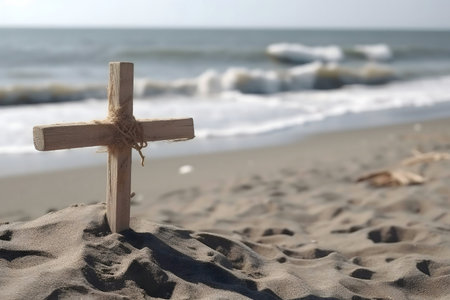 A simple wooden cross stands planted in the sand of a beach, with ocean waves gently washing ashore in the background.の写真素材