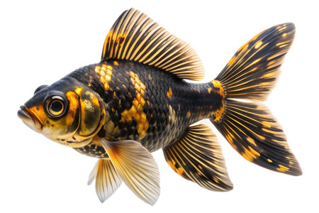A stunning black and gold Telescope Goldfish, isolated against a white background. Its vibrant colors and elegant fins are showcased.の写真素材
