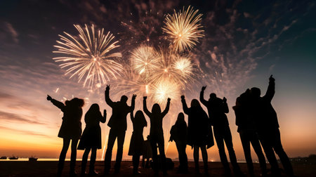 Silhouetted figures of friends joyfully celebrating with a stunning fireworks display at night on a beach.の写真素材