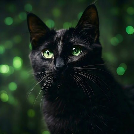 Close-up portrait of a black cat with bright green eyes, set against a bokeh background.の写真素材