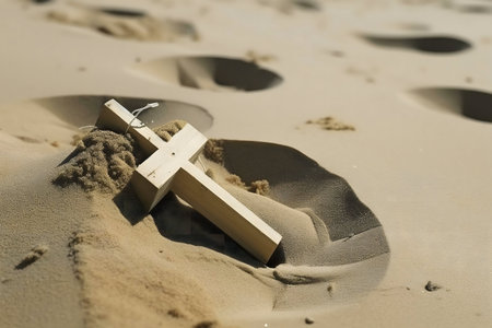 A simple wooden cross lies half-buried in the sand of a beach, evoking a sense of peace and reflection.の写真素材