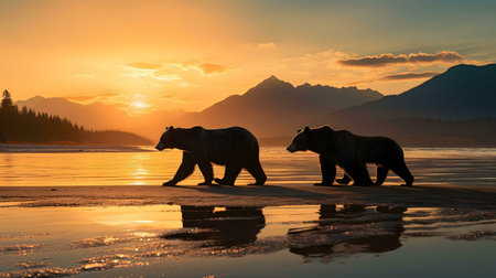 Two grizzly bears walking by the lake at sunset. Majestic Alaskan wilderness.の写真素材