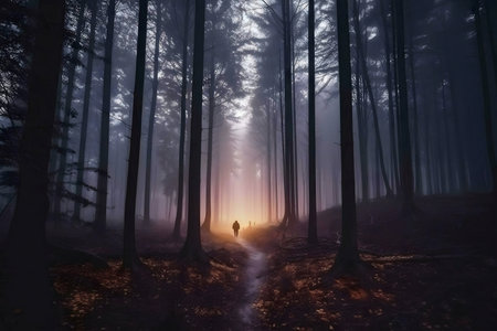 A lone figure walks a misty forest path. The scene evokes a sense of mystery and tranquility.の写真素材