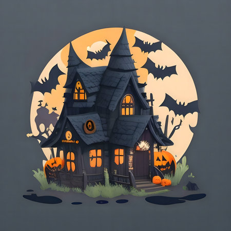 A Halloween illustration of a haunted house, bats, and pumpkins under a full moon.