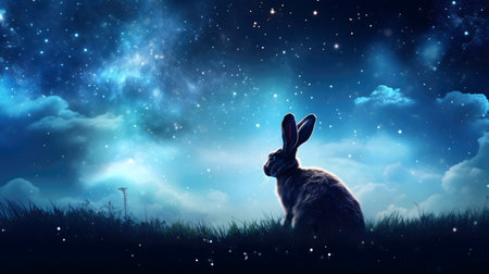 A solitary hare sits amidst a field under a breathtaking starry night sky. The scene evokes a feeling of peace and tranquility.の写真素材