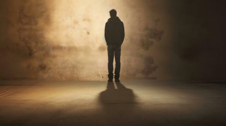 A silhouette of a man stands alone in a dimly lit room, his shadow cast on the floor. The image evokes feelings of loneliness and introspection.の写真素材