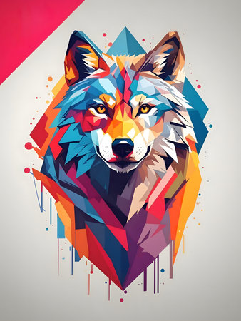 Geometric wolf portrait, vibrant colors, digital art.