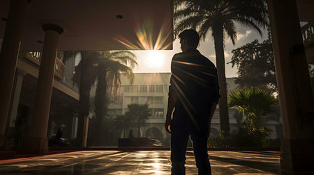 A man silhouetted against the setting sun in a beautiful tropical courtyard.