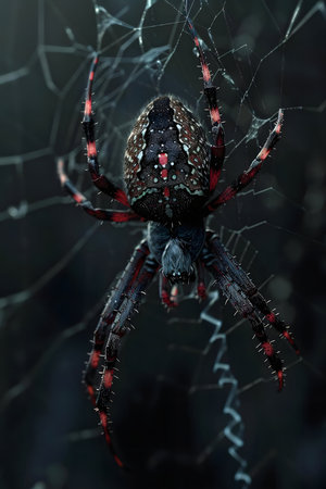 A detailed close-up of a spiny orb weaver spider on its web.の写真素材