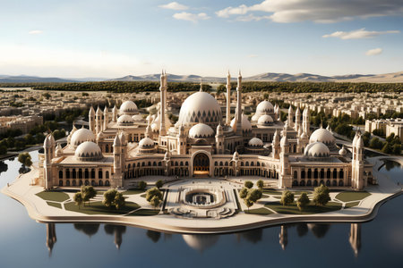 Stunning aerial view of a grand mosque design. Imposing architecture reflected in calm waters.の写真素材