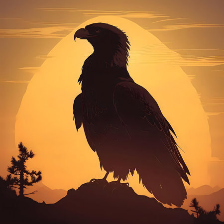 A majestic eagle silhouette against a vibrant sunset.の写真素材