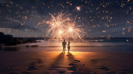 A couple enjoys a magical night at the beach, witnessing a breathtaking display of fireworks and sky lanterns.の写真素材