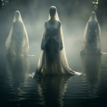 Three veiled figures stand in a misty lake, creating a haunting and serene atmosphere.