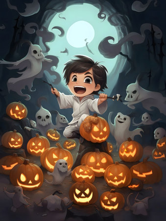 A cheerful boy amidst glowing pumpkins and playful ghosts on a magical Halloween night.の写真素材