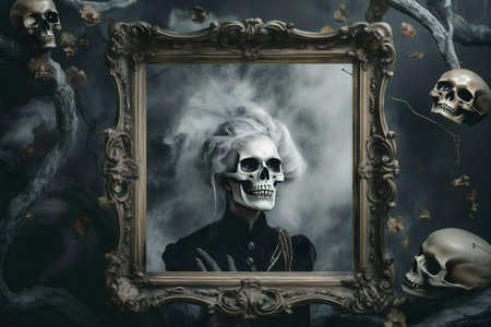 A skull wearing a wig, encased in an antique frame, surrounded by skulls and branches. Dark, mysterious, and evocative.の写真素材