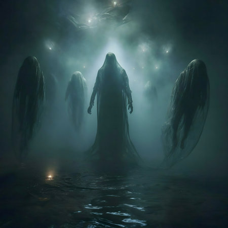 Five spectral figures emerge from a misty swamp under a mysterious lightの写真素材