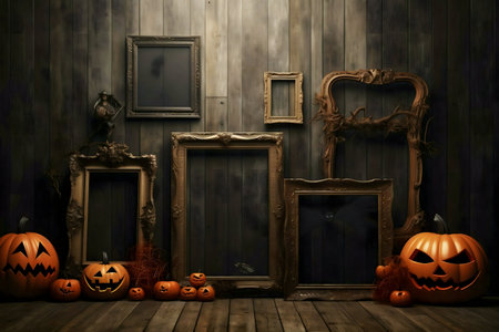 A chilling Halloween setup featuring carved pumpkins and ornate frames against a rustic wooden backdrop.の写真素材