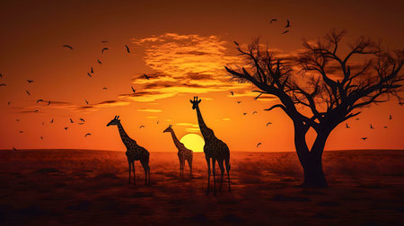 Three giraffes stand silhouetted against a vibrant African sunset. Birds fly overhead, and a solitary tree adds to the scene's beauty.の写真素材