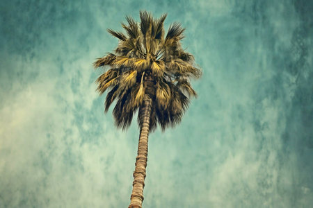 A single palm tree stands tall against a vibrant teal sky, showcasing a tranquil summer atmosphere.の写真素材