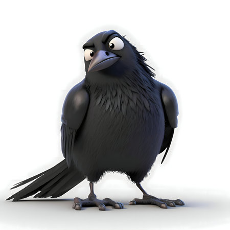 A grumpy-looking 3D rendered crow on a white background.の写真素材