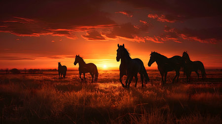 Silhouetted horses at sunset in a vast field.の写真素材