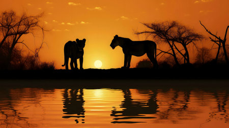 Two lions at sunset reflected in the water.の写真素材