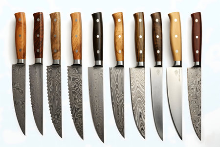 A stunning collection of handcrafted Damascus steel kitchen knives. Each knife boasts exquisite...
