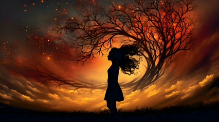 A girl's silhouette stands near a swirling, fiery tree under a magical sunset.の写真素材