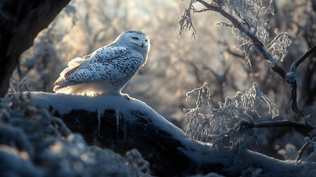 A stunning snowy owl perched on a snow-covered branch in a winter wonderland.の写真素材