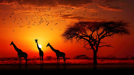 Three giraffes silhouetted against a vibrant African sunset.の写真素材