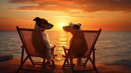 Two adorable dogs relax in beach chairs, watching a stunning sunset over the ocean. A serene and peaceful scene.の写真素材
