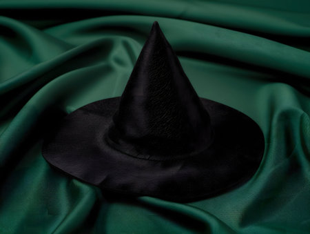 A black witch's hat rests on emerald green silk. Mysterious and enchanting.
