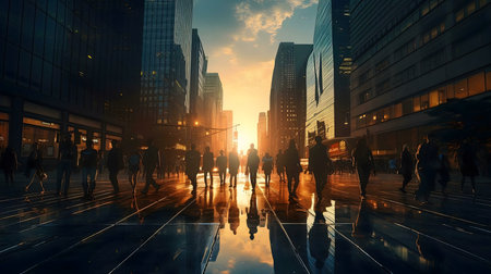 Silhouetted figures walking through a city street at sunrise.の写真素材