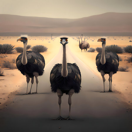 Three ostriches walk on a desert road.の写真素材