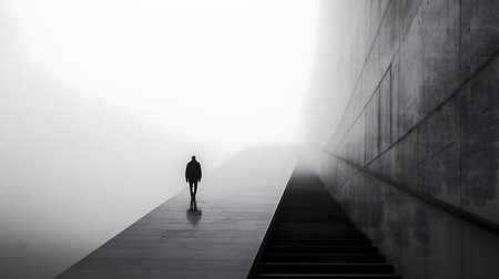 A lone figure walks into a foggy path, creating a serene yet mysterious atmosphere.