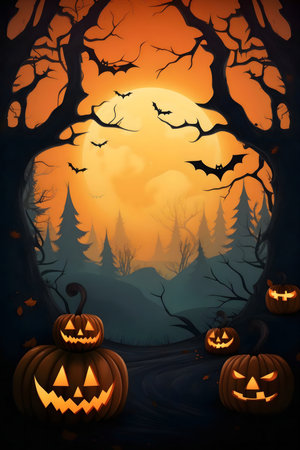 Jack-o'-lanterns glow in a dark forest under a full moon.の写真素材