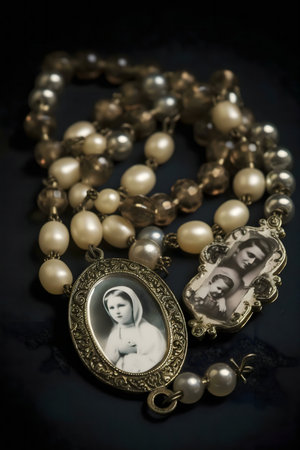 Close-up of an antique rosary featuring vintage portraits.