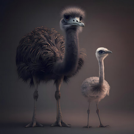 A stunning digital painting of an adult rhea and her fluffy chick. The detail is exceptional!の写真素材